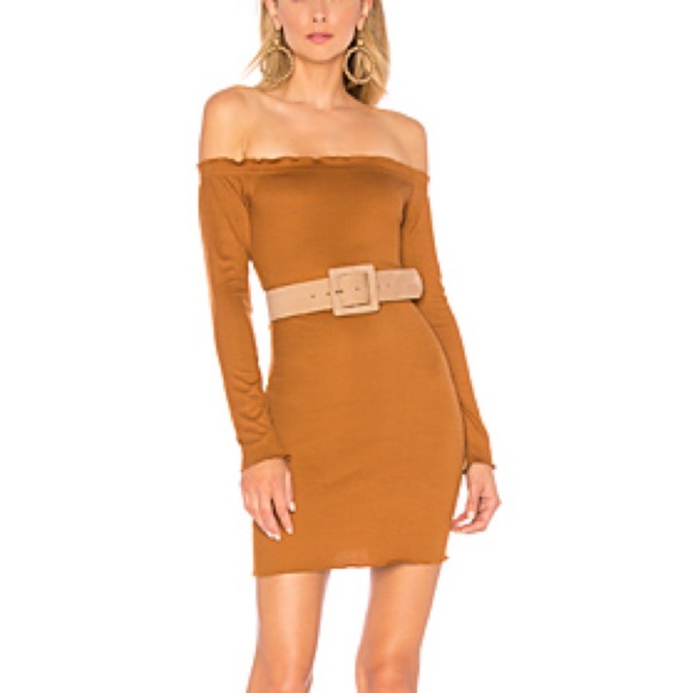 ABOUT US Baylee Off Shoulder Dress In Camel